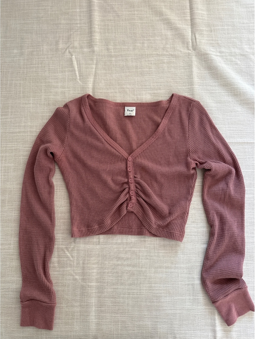 Aritzia Tna Mauve Waffle Knit Cropped Button-Up Long Sleeve Top XS